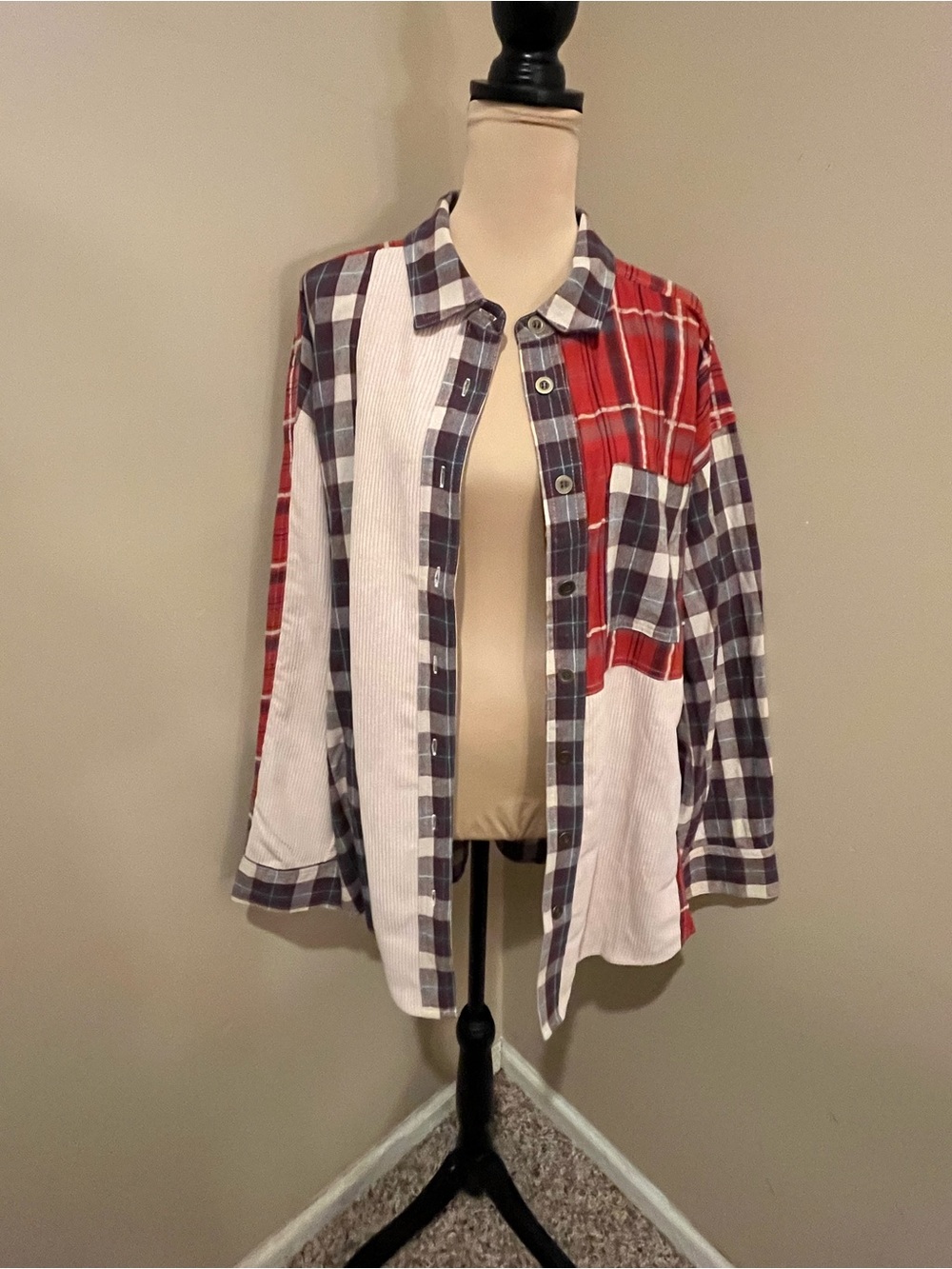 eesome Plaid Patchwork Button-Up Shirt Jacket in Red, Cream & Grey, XL